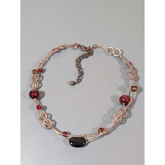 Chicos Copper Tone Red Glass Multi Wire Necklace Boho Coastal Chic 20" - Picture 2 of 9